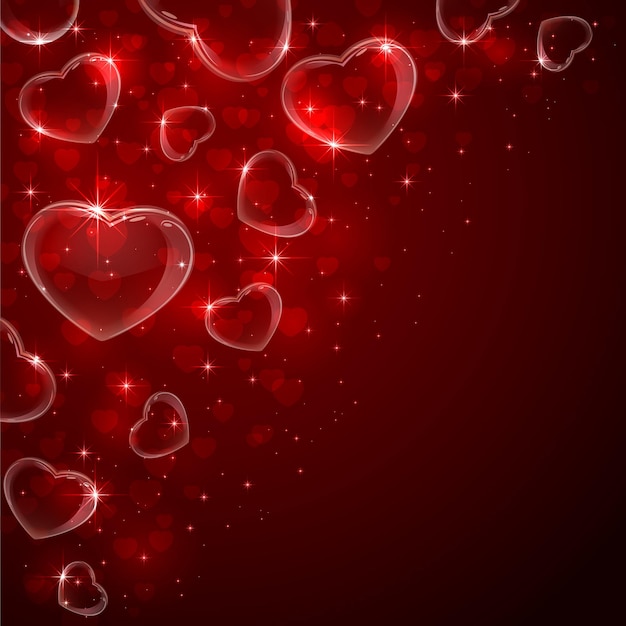 Plano de fundo dia dos namorados com corações de bolhas de sabão no canto sobre fundo vermelho, ilustração. Vetor Premium