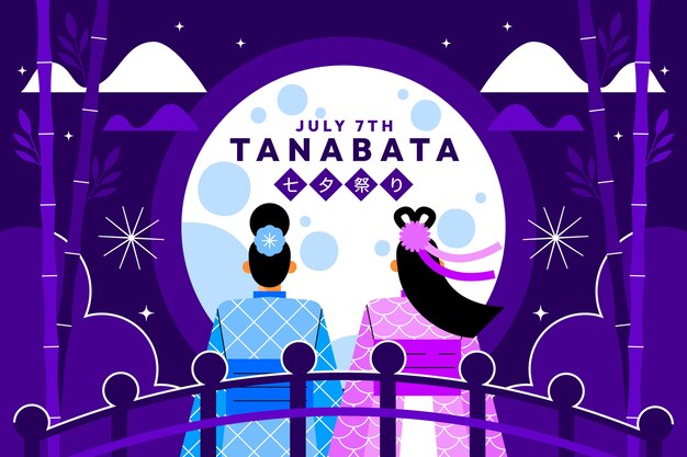 Vetor grátis plano de fundo tanabata com casal na ponte na lua cheia