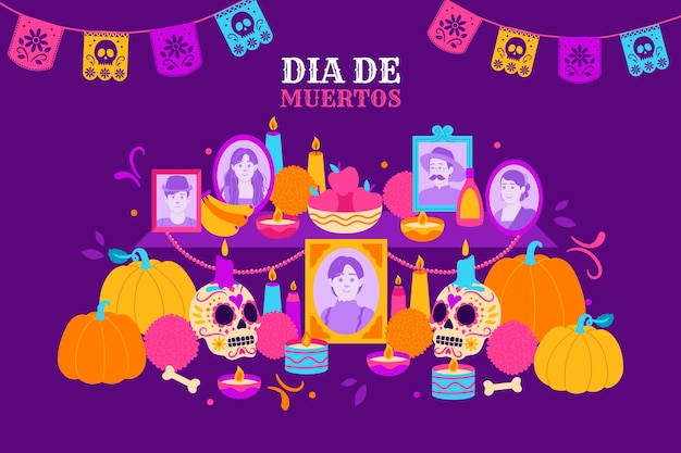 Vetor grátis plano, día, de, muertos, fundo