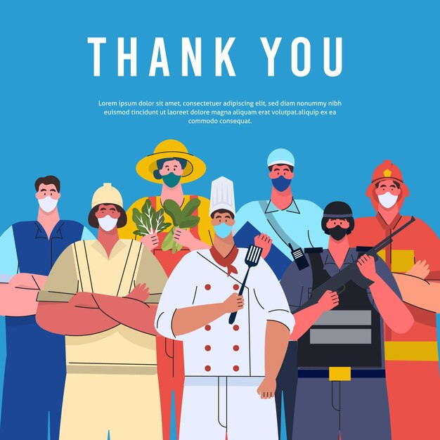 Plano orgânico obrigado ilustração de trabalhadores essenciais