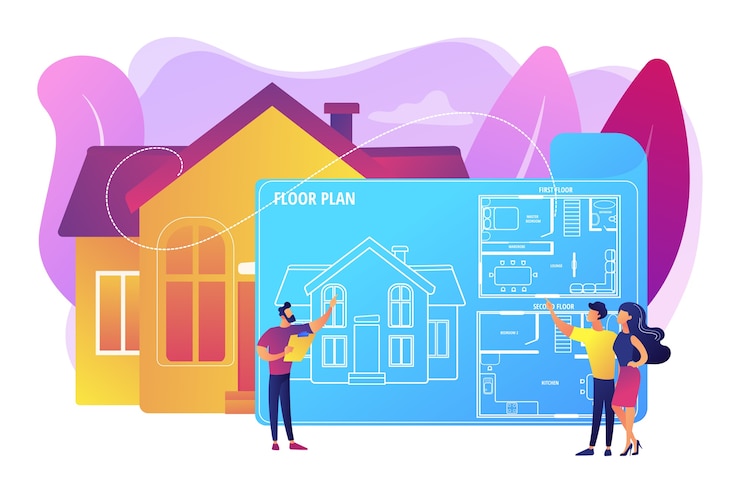 Vetor grátis planta de arquitetura de casa com mobília. design de interiores. planta baixa imobiliária, serviços de planta baixa, conceito de marketing imobiliário. ilustração isolada violeta vibrante brilhante