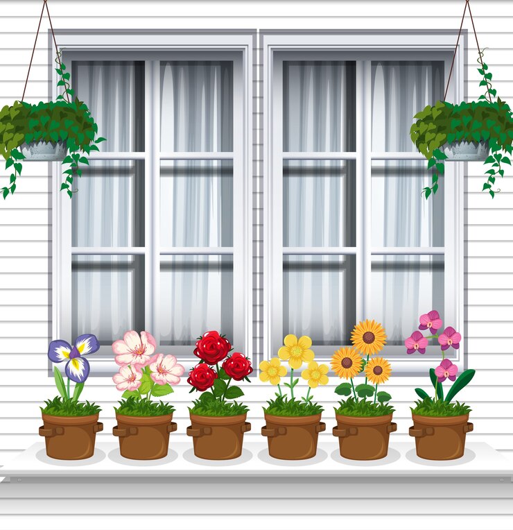 Vetor grátis plantas de flores perto da janela