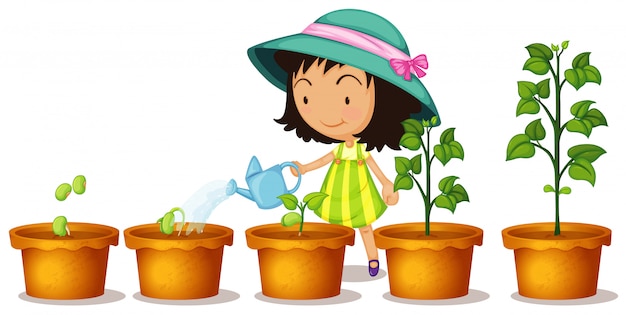 Plantas molhando da menina feliz no fundo branco