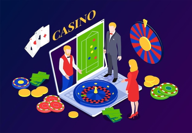 Plataforma de jogo isométrica de conceito de cassino online para roleta ao vivo e pôquer com fichas de cartas, personagens de laptop de croupier ilustração vetorial 3d