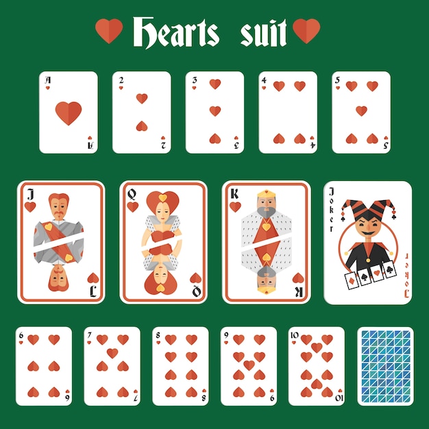 Vetor grátis playing cards hearts red suit set joker e volta ilustração vetorial isolada