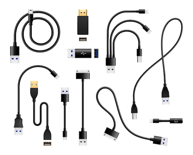 Plugue de porta do tipo USB em conjunto de conectores realistas de conexão de fio de consumidor isolada