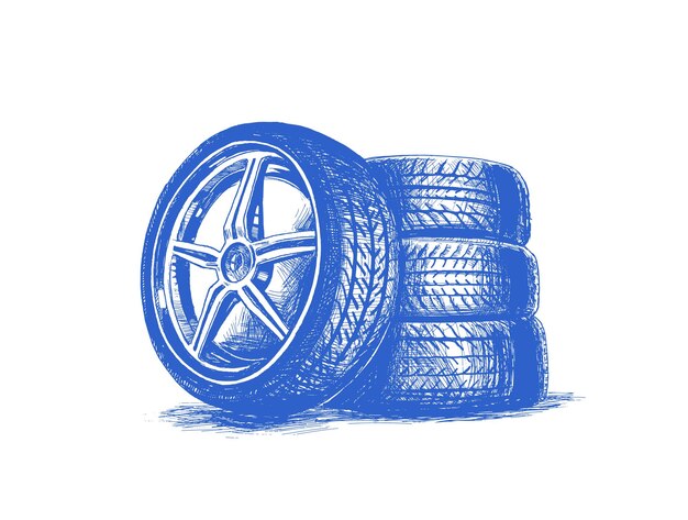 Pneu da roda do carro isolado no branco Ilustração em vetor esboço desenhado à mão