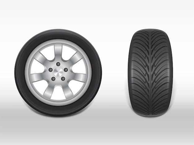 Vetor grátis pneu preto realista 3d no lado e vista frontal, brilhando de aço e roda de borracha para carro