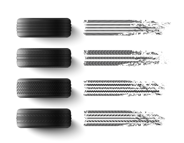 Vetor grátis pneus de carro com diferentes padrões de piso de proteção conjunto monocromático realista isolado na ilustração vetorial de fundo branco