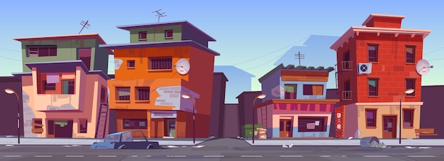 Pobres casas sujas na área do gueto. Vector cartoon paisagem urbana com prédios de favelas, barracos no bairro barato. Shantytown street com casas velhas, carro quebrado e lixo
