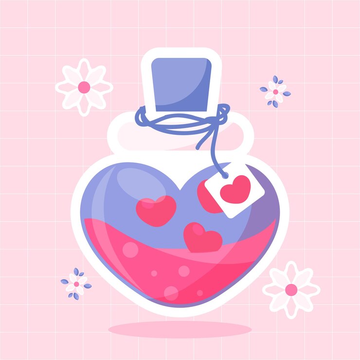 Vetor grátis poção de amor de design plano com ilustração de rótulo
