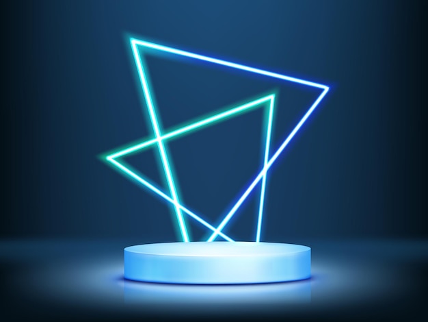 Podium de produto azul cilíndrico com luz de néon