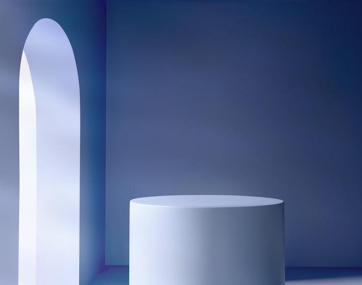 Vetor grátis podium de produtos 3d numa sala com porta de arco