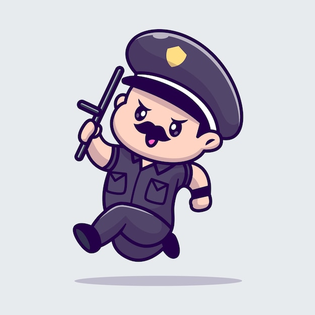 Vetor grátis polícia de homem bonito correndo com ilustração de vetor de ícone de desenho de bastão bastão pessoas profissão plana