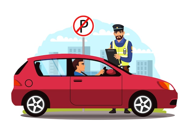 Vetor grátis policial escrevendo multa por estacionamento ilegal homem sentado no carro policial em pé com tablet sem estacionamento sinal de trânsito regras de rua e segurança