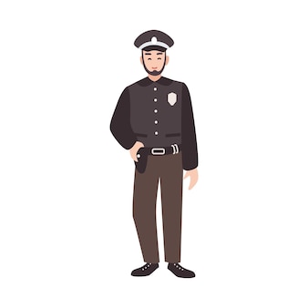 Policial sorridente, policial, policial ou policial vestindo uniforme e boné. personagem de desenho animado masculino amigável isolado no fundo branco. ilustração vetorial colorida em estilo simples.