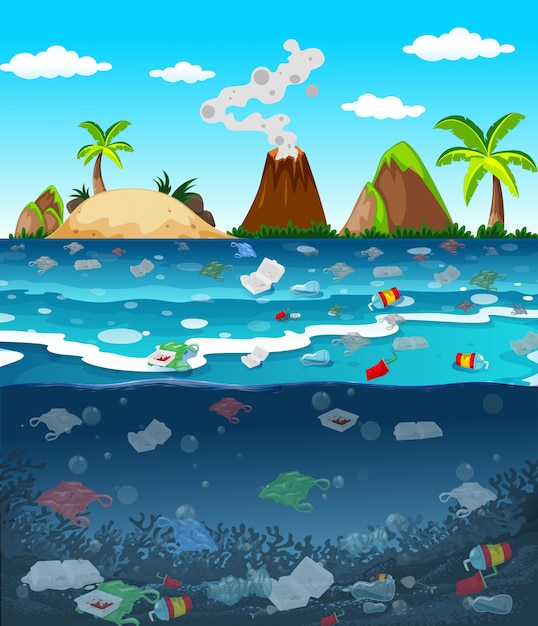 Poluição da água com sacos de plástico no oceano