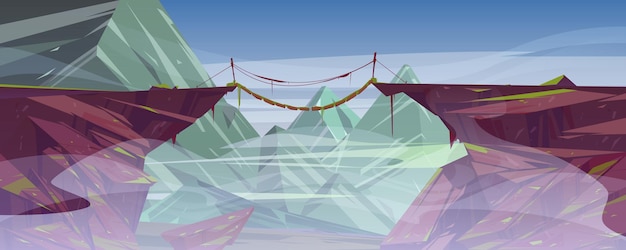 Vetor grátis ponte de corda suspensa pendurada acima do penhasco nebuloso da montanha
