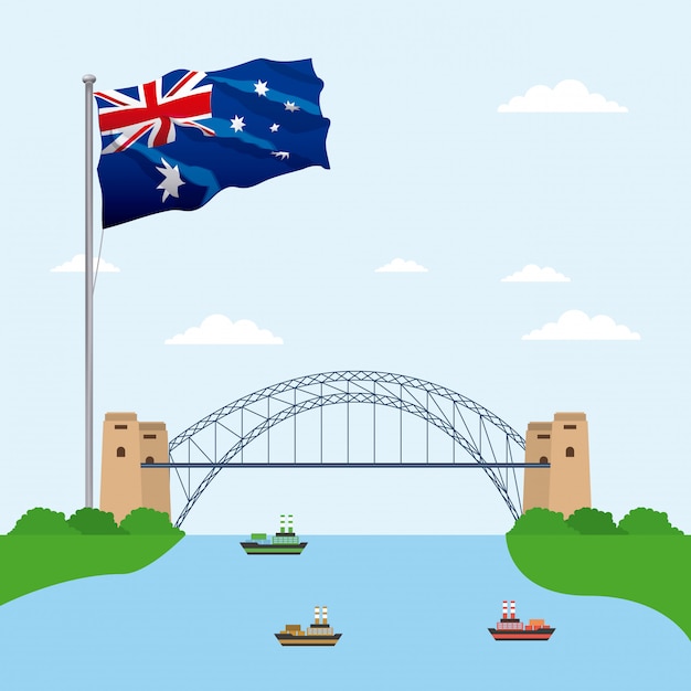 Vetor grátis ponte sobre a água com a bandeira da austrália