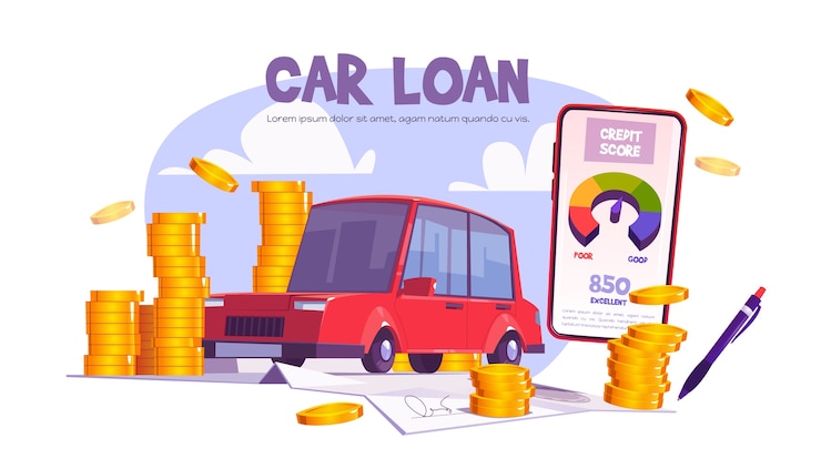 Vetor grátis pontuação de crédito para a bandeira dos desenhos animados de empréstimo de carro, conceito de financiamento de automóveis. carrinho de automóveis com enormes pilhas de moedas, papel assinado e smartphone com aplicativo bancário, serviço para compra de veículos, ilustração vetorial