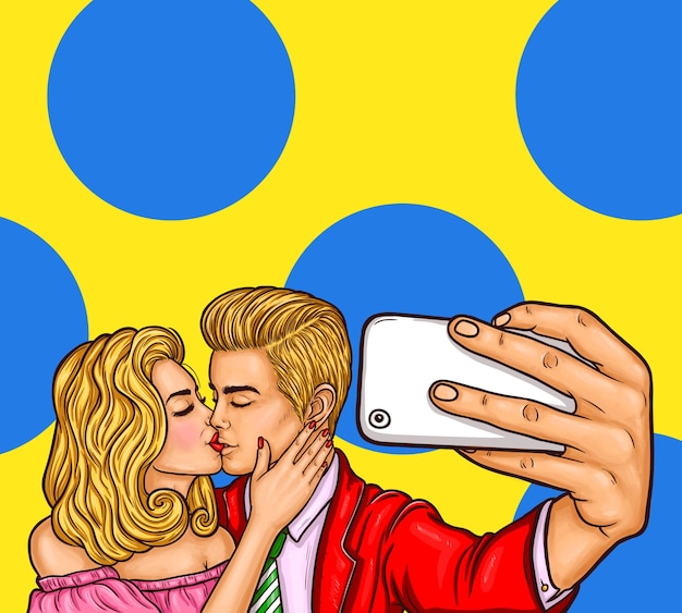 Vetor grátis pop art beijando homem e mulher fazem selfie