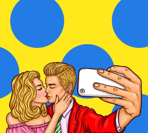 Pop art beijando homem e mulher fazem selfie