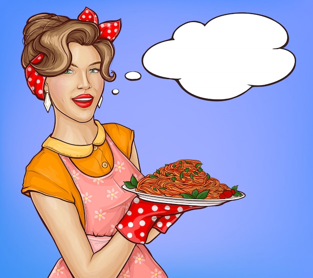 Vetor grátis pop art mulher segurando a bandeja com ilustração de macarrão e molho