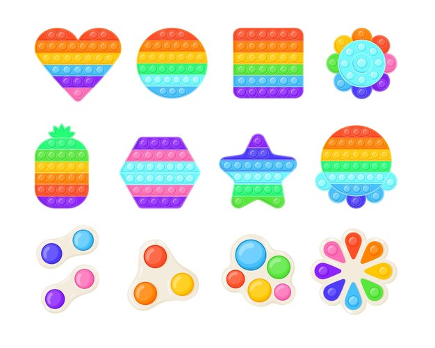Pop-lo colorido e conjunto de ilustrações vetoriais de brinquedo de covinha simples. Brinquedos populares de inquietação sensorial de diferentes formas, gadgets anti-stress coloridos do arco-íris, jogos para crianças. Brinquedos, relaxamento, conceito de ansiedade