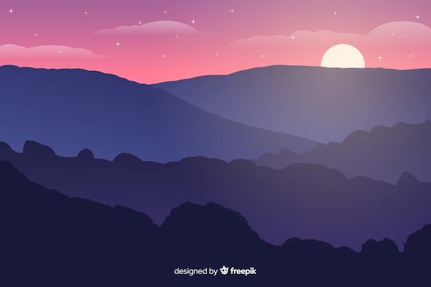 Vetor grátis pôr do sol nas montanhas com noite estrelada