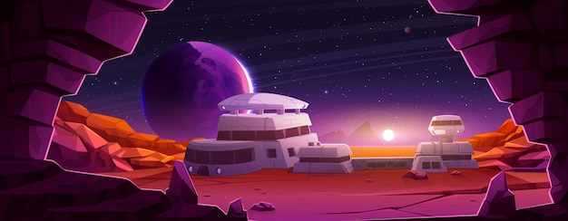 Pôr do sol no planeta alienígena estação de colônia espacial Marte observatório base edifício com missão de exploração paisagem vetor de desenhos animados terreno desértico cósmico futurista na expedição externa de satélite vermelho