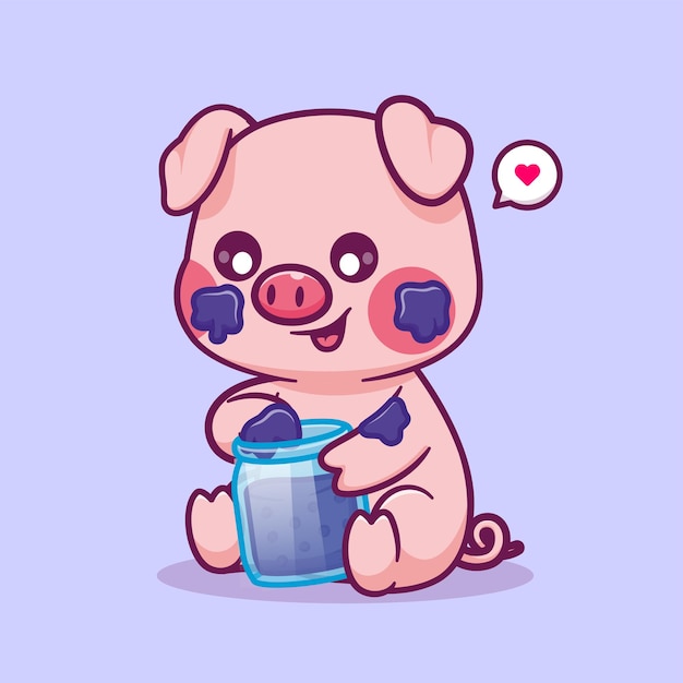 Porco bonito comendo geléia em jar ilustração do ícone do vetor dos desenhos animados conceito de ícone de comida animal isolado plano