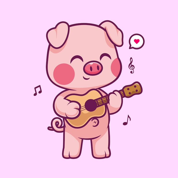 Vetor grátis porco bonito tocando guitarra ilustração do ícone do vetor dos desenhos animados conceito de ícone da música animal isolado plano