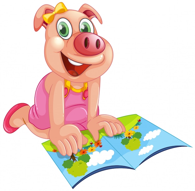 Vetor grátis porco feliz lendo um livro