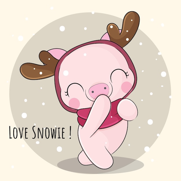Vetor grátis porquinho de animal fofo plano feliz com ilustração de neve para crianças. personagem de porco fofo