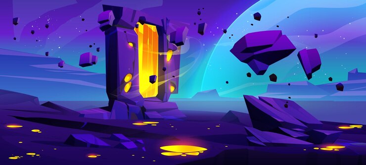 Vetor grátis porta com portal mágico para viajar para outro universo ou tempo na superfície rochosa de um planeta alienígena no espaço jogo de desenho animado ui paisagem com brilhante entrada misteriosa para a realidade paralela ou mundo de fantasia