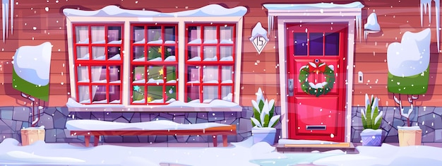 Vetor grátis porta da frente de natal e ilustração de inverno na varanda