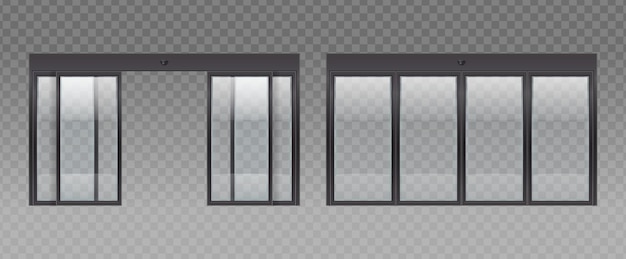 Vetor grátis porta de vidro com conjunto realista de fundo transparente e imagens de portas de vidro