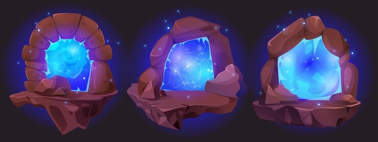 Vetor grátis portal de brilho mágico com porta de pedra