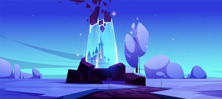 Vetor grátis portal mágico com castelo de conto de fadas em brilho azul fundo de jogo de ilustração de fantasia de desenho vetorial de paisagem de inverno com estrada de árvores de neve e portal fantástico com palácio real dentro