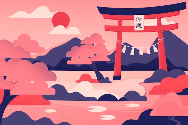 Vetor grátis portão torii japonês e montanhas