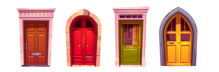 Vetor grátis portas da frente em arco de madeira com porta de pedra isolada no fundo branco. conjunto de desenhos animados de portões fechados de entrada de casa, vermelhos, verdes e amarelos com maçanetas e janelas. elementos de fachada de construção