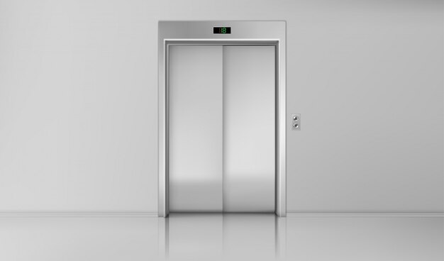 Portas do elevador, entrada próxima da cabine do elevador cromado