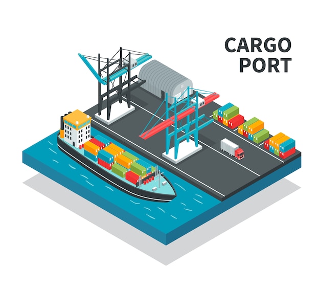 Vetor grátis porto de carga com instalações de carregamento cor recipiente de navios com ilustração de composição isométrica de caminhão de carga