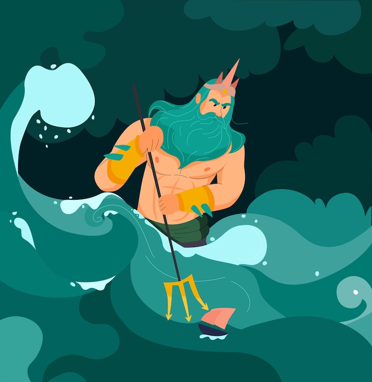 Vetor grátis poseidon, deus grego do mar com ilustração dos desenhos animados do tridente