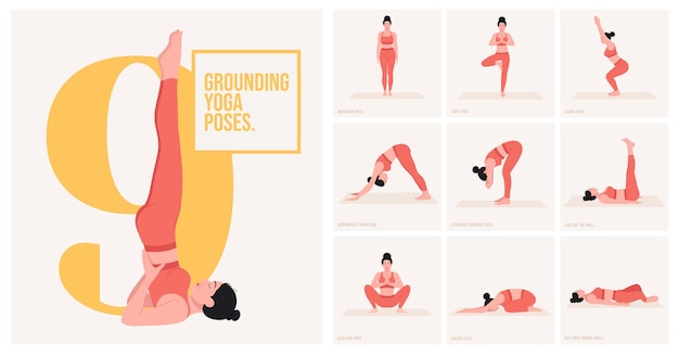 Poses de ioga para aterramento jovem praticando poses de ioga fitness e exercícios de treino de mulher