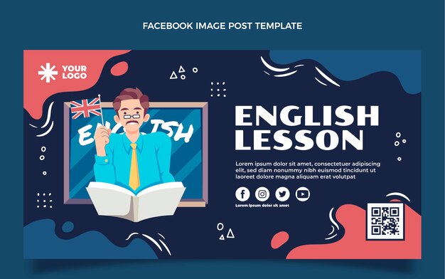 Post de facebook de aulas de inglês desenhadas à mão