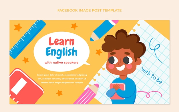 Post de facebook de aulas de inglês desenhadas à mão