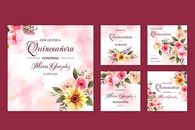 Post de instagram de quinceanera em aquarela