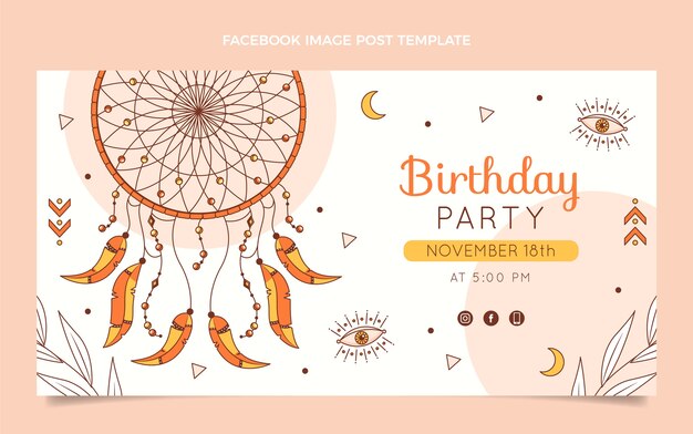 Postagem de aniversário de boho desenhada à mão no Facebook