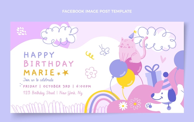 Postagem de aniversário infantil desenhada à mão no facebook